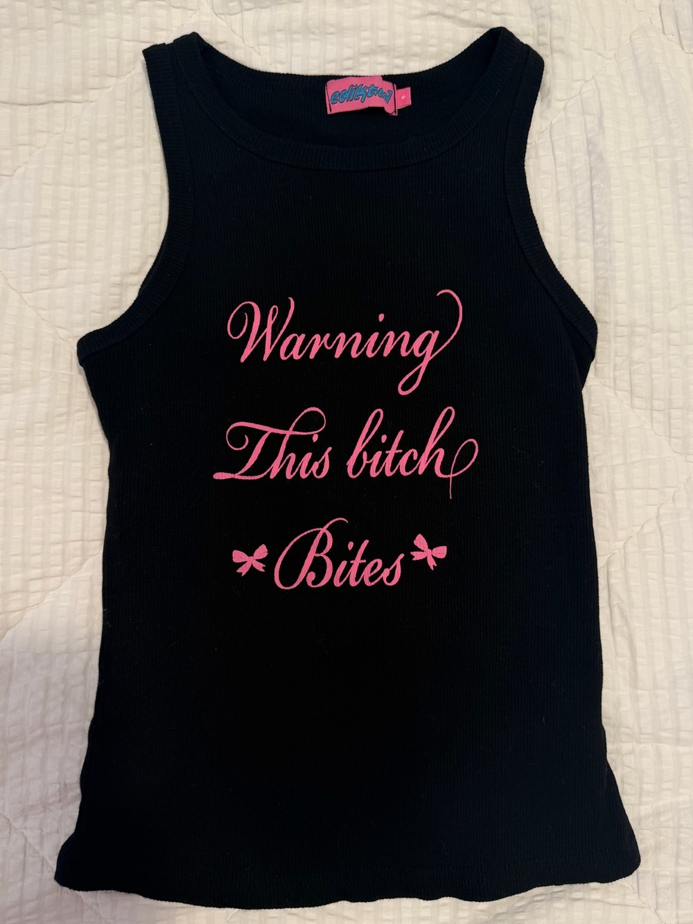 Edikted Black Ribbed Tank Top with Pink Script - Picture 1 of 5